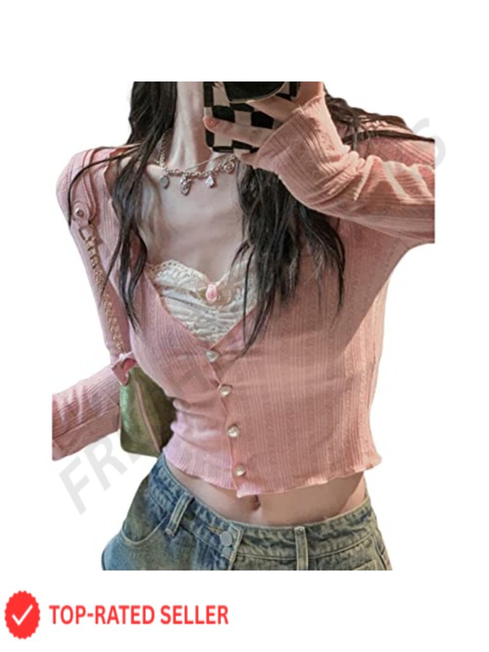 Women Lace Patchwork V-Neck Long Sleeve Crop Top Fairy Y2K Coquette